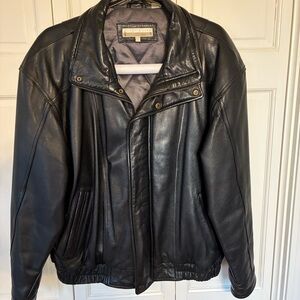 Perry Ellis Men's Black Leather Bomber Jacket